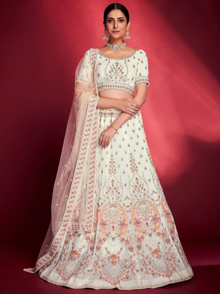 White Zarkan Georgette Bridal Lehenga Choli | Peach Dupatta with Stonework Border