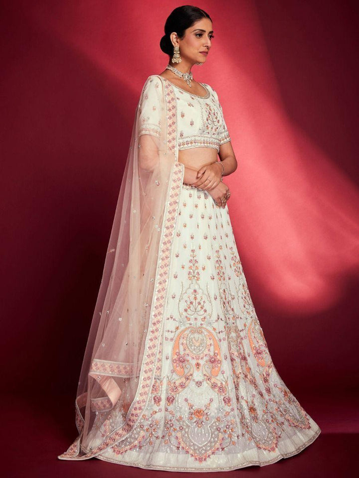 White Zarkan Georgette Bridal Lehenga Choli | Peach Dupatta with Stonework Border