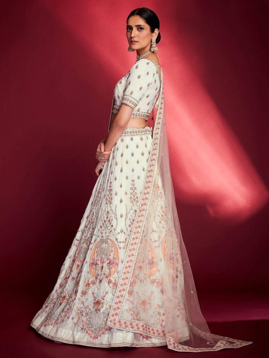 White Zarkan Georgette Bridal Lehenga Choli | Peach Dupatta with Stonework Border
