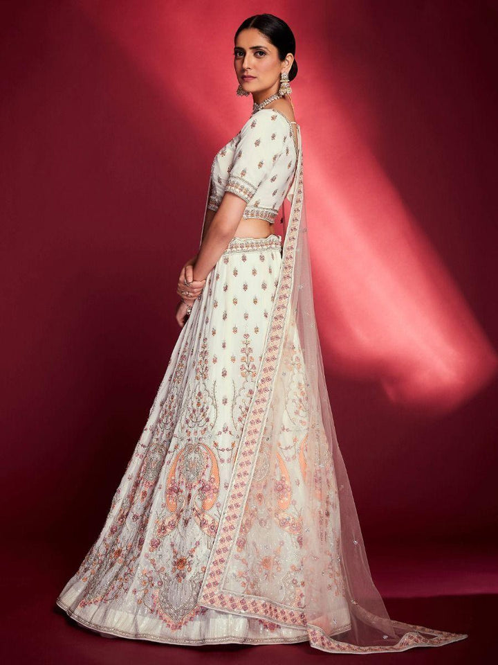 White Zarkan Georgette Bridal Lehenga Choli | Peach Dupatta with Stonework Border