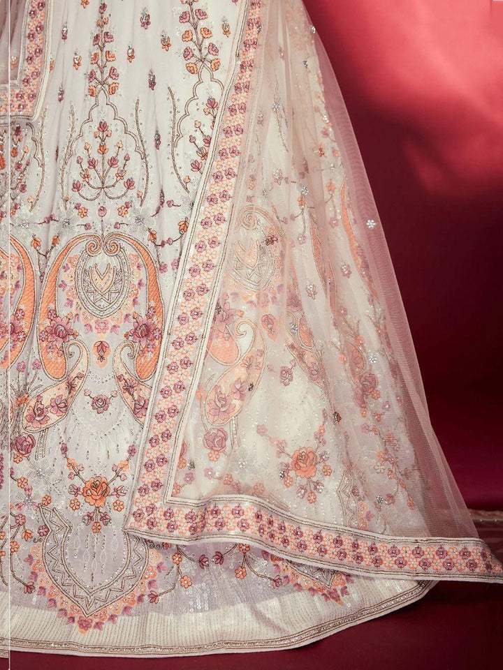 White Zarkan Georgette Bridal Lehenga Choli | Peach Dupatta with Stonework Border