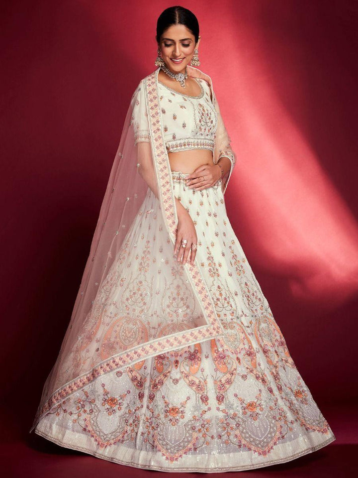White Zarkan Georgette Bridal Lehenga Choli | Peach Dupatta with Stonework Border
