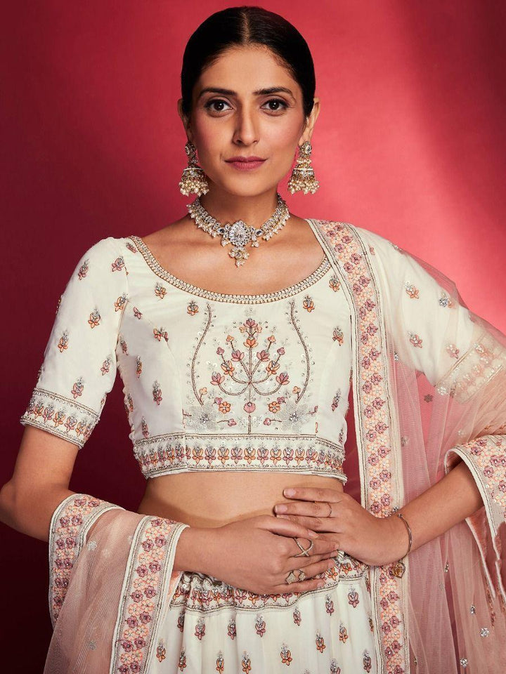 White Zarkan Georgette Bridal Lehenga Choli | Peach Dupatta with Stonework Border
