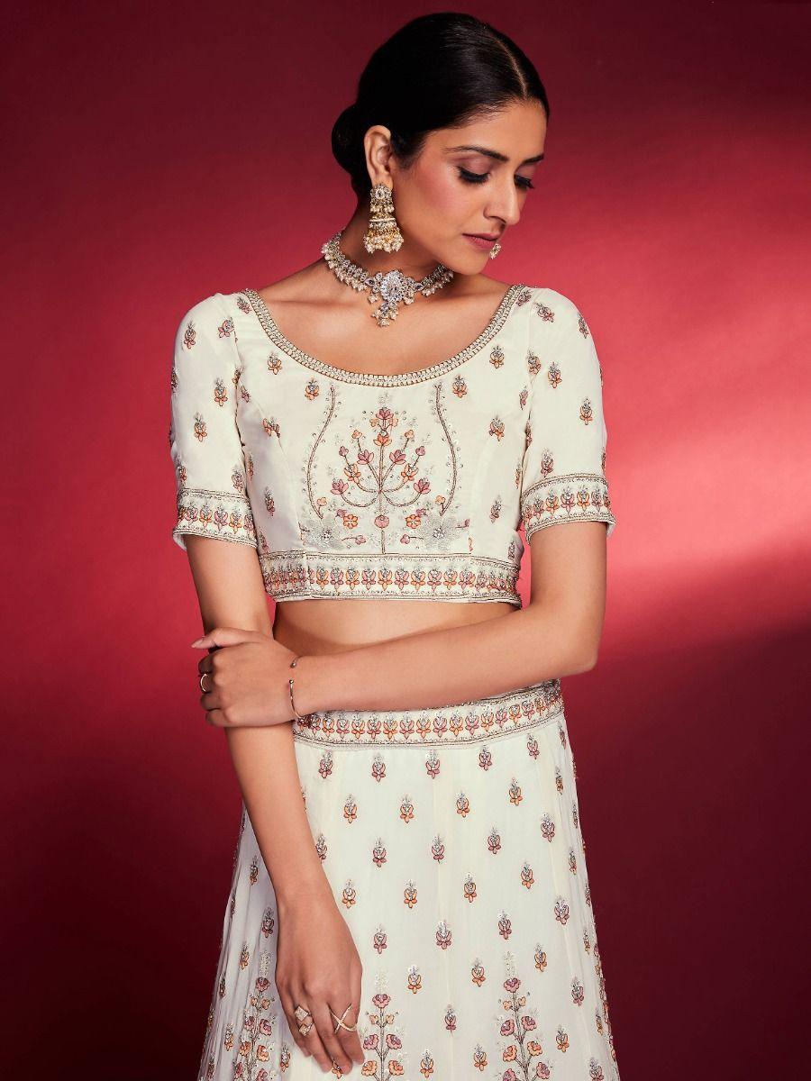White Zarkan Georgette Bridal Lehenga Choli | Peach Dupatta with Stonework Border