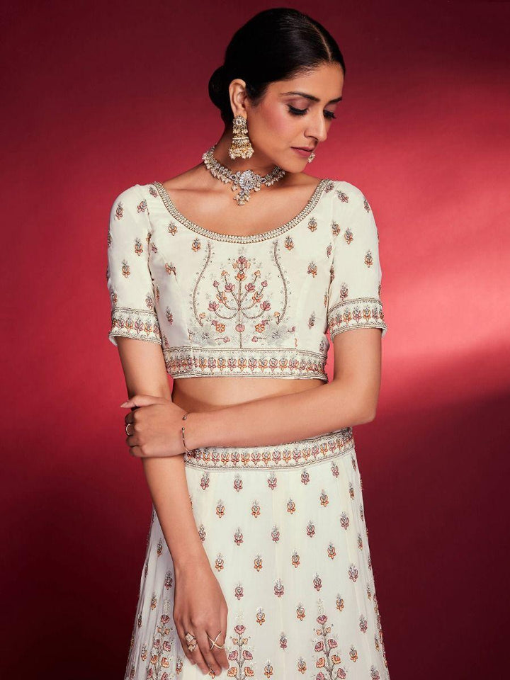 White Zarkan Georgette Bridal Lehenga Choli | Peach Dupatta with Stonework Border
