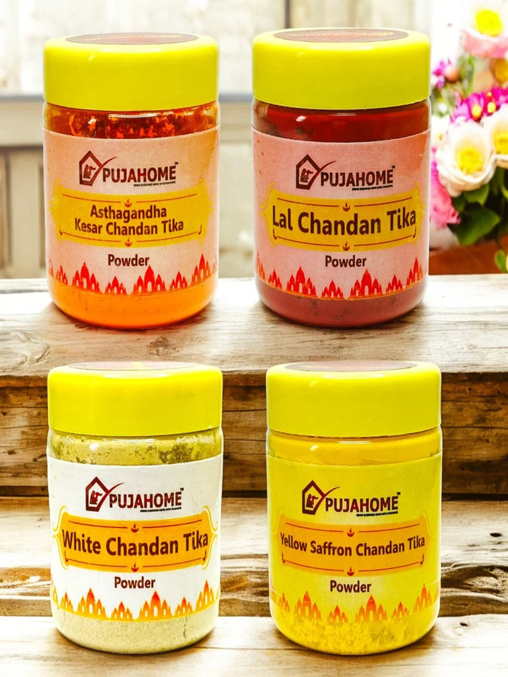 Premium Chandan Tika Powder Combo | Pack Of 4 X 50 Gram | Red, White, Yellow and Kesar