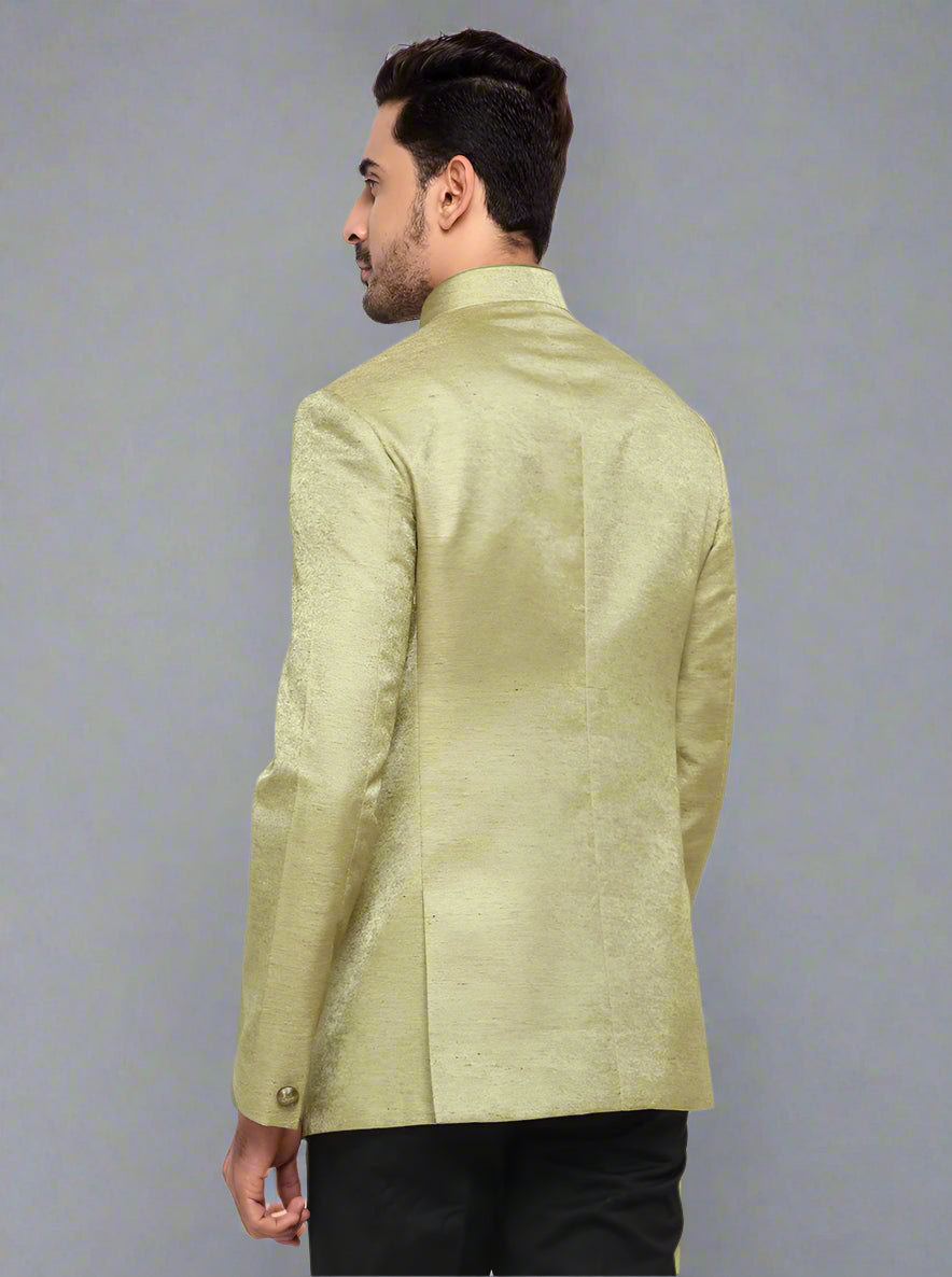 Olive Green & Golden Jodhpuri Suit, the perfect blend of tradition and modern style for men.