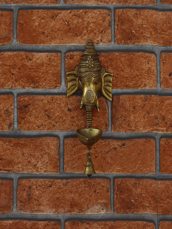 Brass Ganesha Wall Hanging Diya with Bell | Handcrafted Decorative Lamp