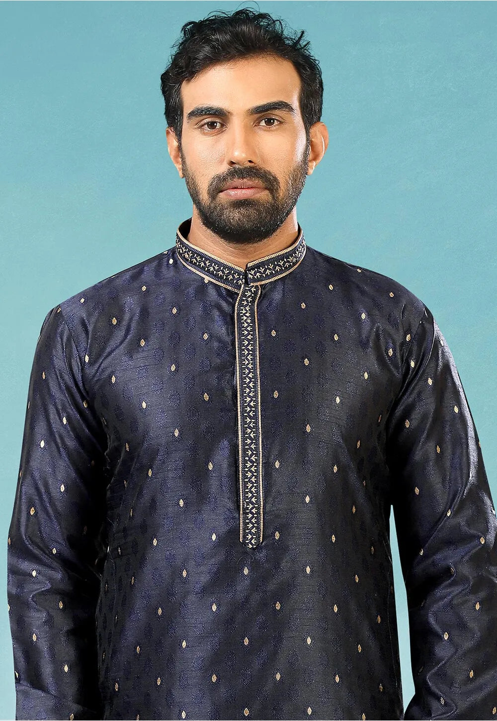 Luxurious Brocade Silk Navy Blue Kurta Pajama | A Must-Have for Festive Wardrobes
