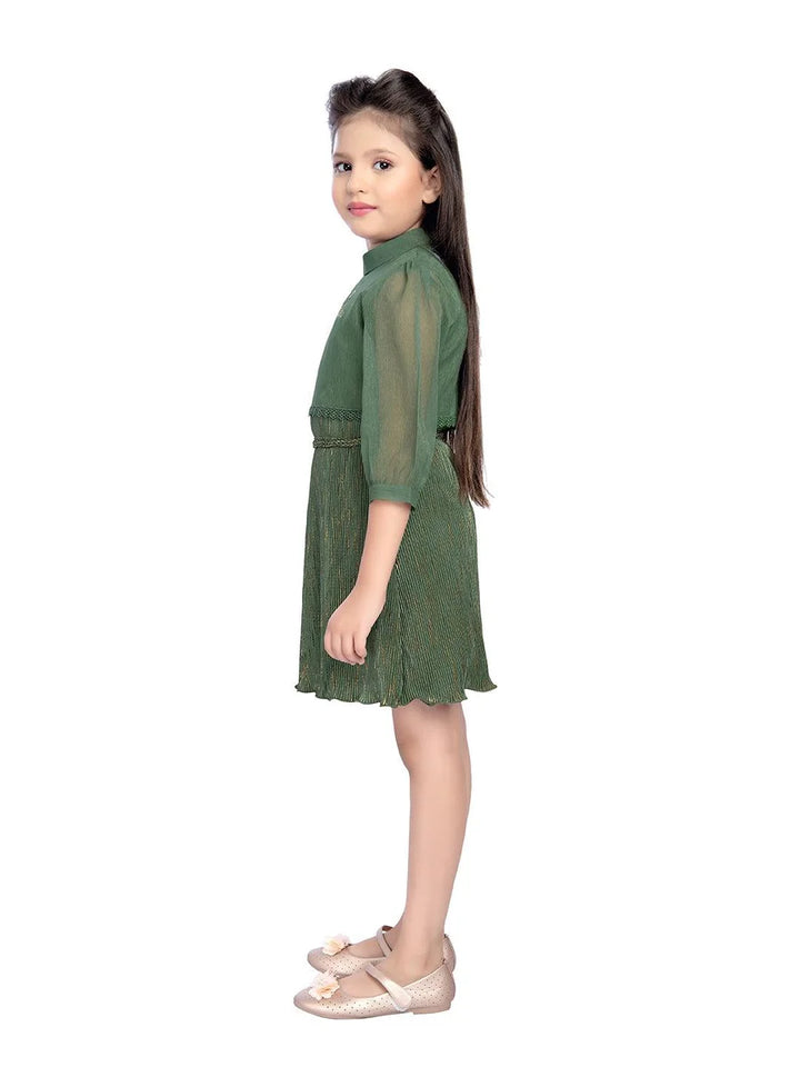 Trendy Green Kids Dress | Satin Lycra & Tissue Fabric