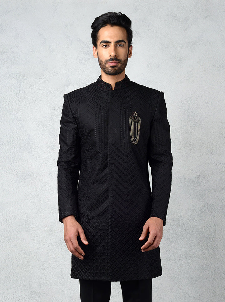 Silk blend black Indowestern jacket for men with thread and sequins