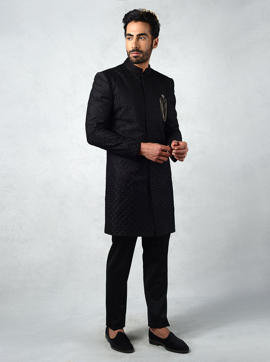 Premium black silk blend Indowestern with embroidery details