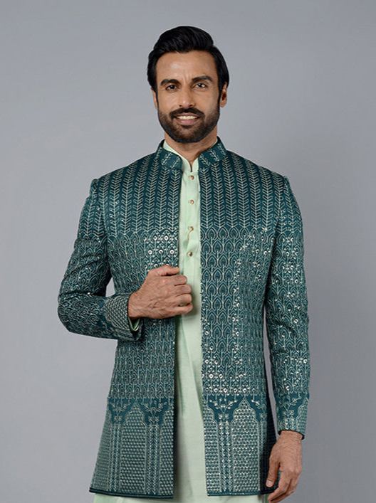 Premium Bottle Green Silk Blend Indowestern | Resham Sequins Detail