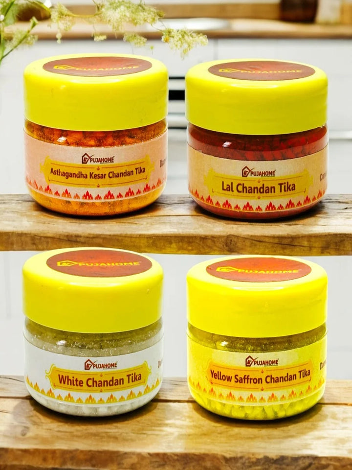 Premium Chandan Tika Danedar Combo | Pack Of 4 X 50 Gram | Red, White, Yellow and Kesar