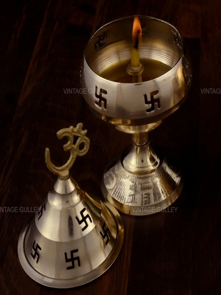 Brass Akhand Diya with Stand | Handcrafted Religious Oil Lamp Decor