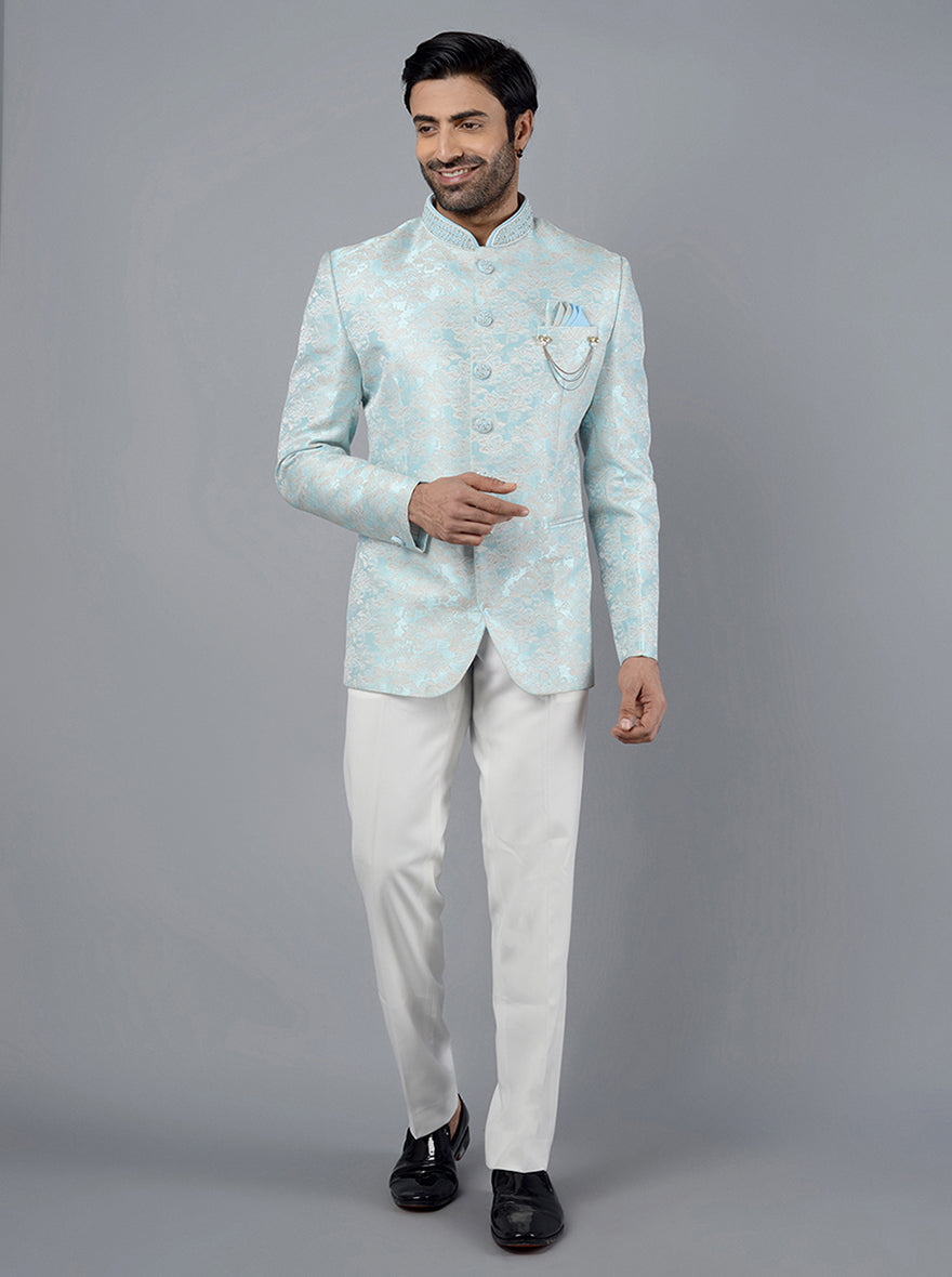 Sky blue self-embroidered jodhpuri suit with mandarin collar for weddings.