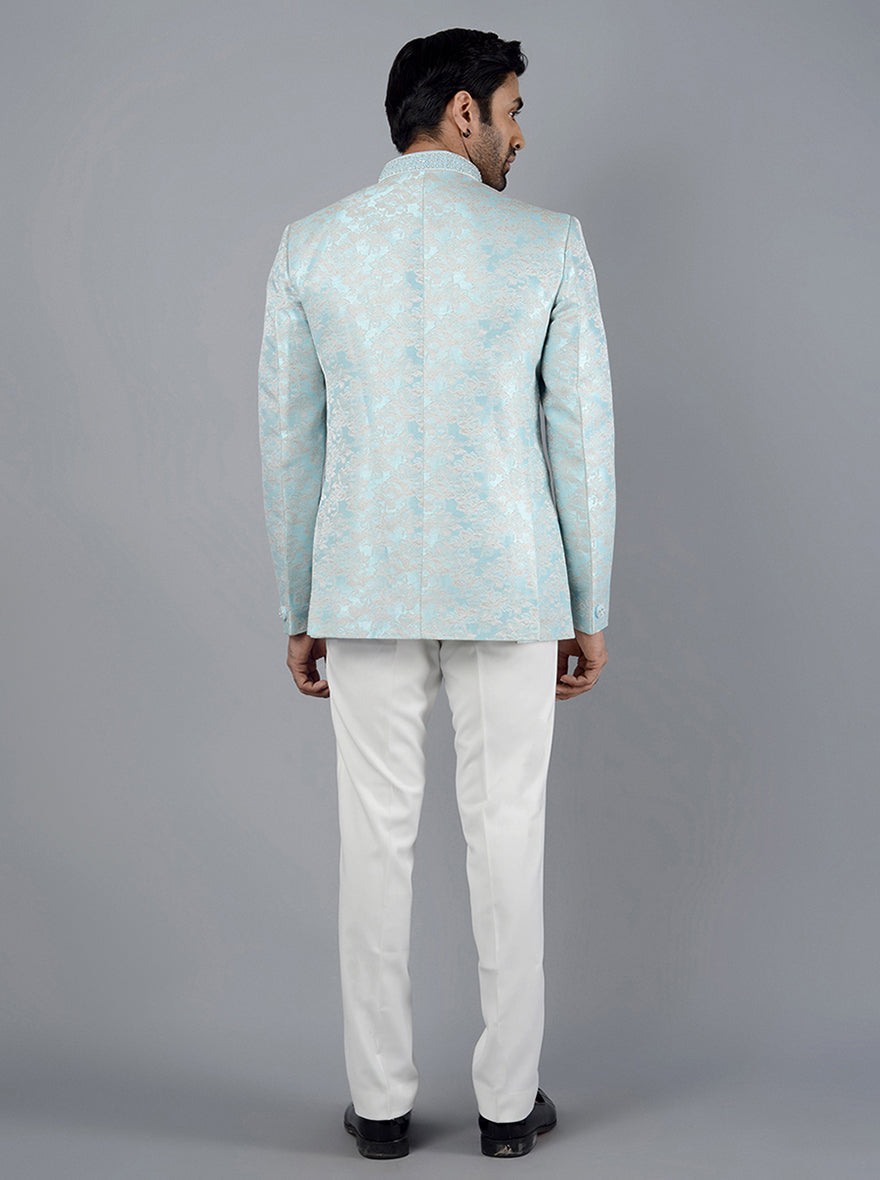 Regular fit sky blue jodhpuri suit with full sleeves for wedding events.