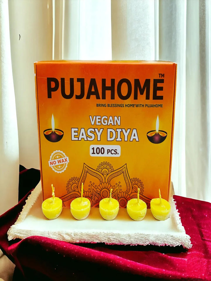 Ghee Diya Wicks (100 Pieces - Yellow) 30min Burning Time, Wax Free Vegan Easy Diya