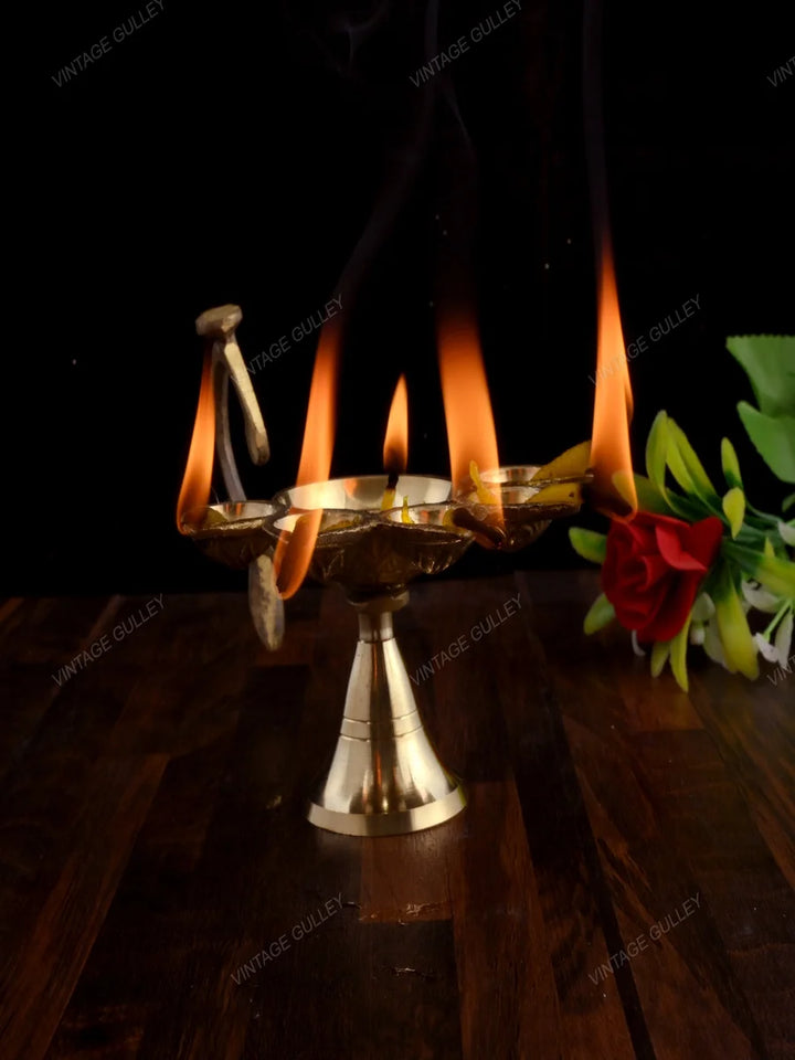 Brass Arti Diya 5 Face | Handcrafted Quality Brass Decorative Diya