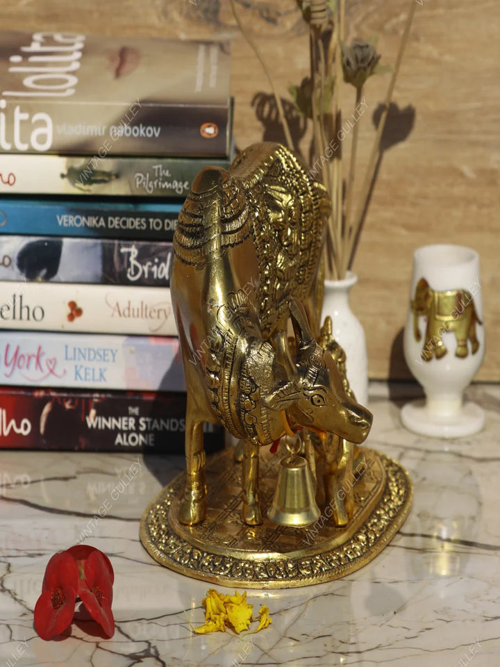 Golden Antique Metal Figurine | Decorative Cow and Calf Idol for Gifting