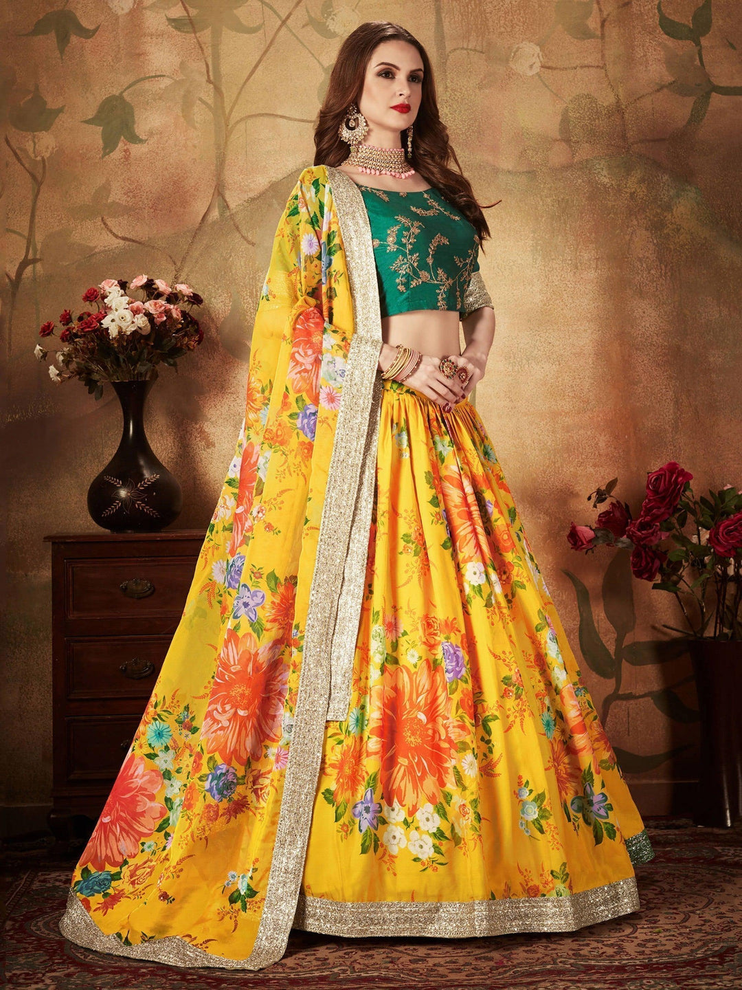 Yellow Lehenga Choli | Customizable Fit & Floral Print