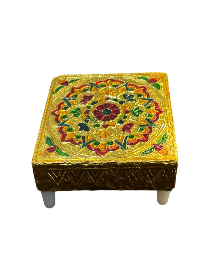 Handicraft Meenakari Wooden Chowki Puja Bajot for Home & Office Decor for Puja 4X4(inch) Small Chowki