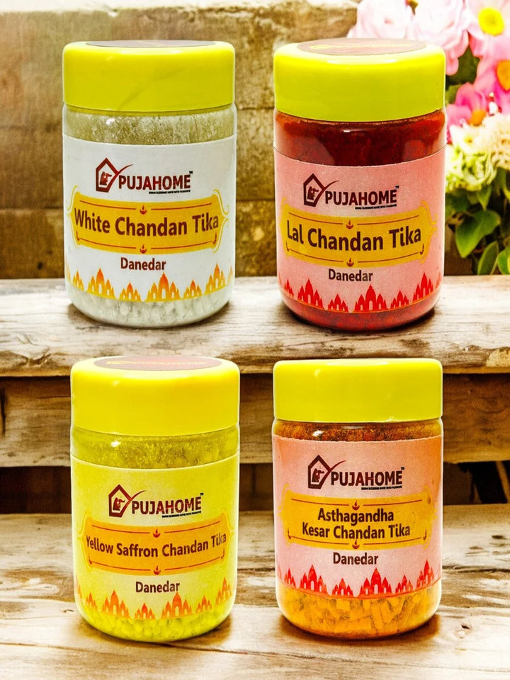 Premium Chandan Tika Danedar Combo | Pack Of 4 X 100Gram | Red, White, Yellow and Kesar
