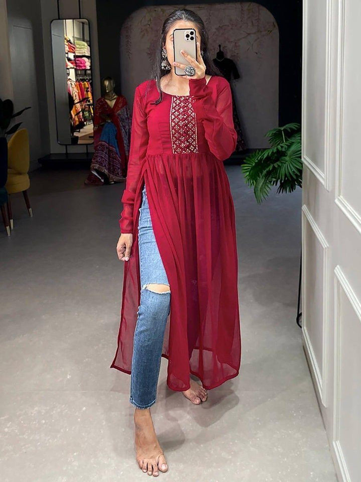 Charming Red Embroidered Work Georgette | Event Wear Nayra Cut Kurti Collection