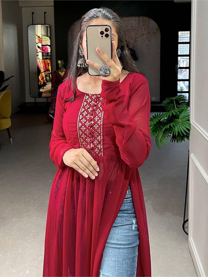 Charming Red Embroidered Work Georgette | Event Wear Nayra Cut Kurti Collection