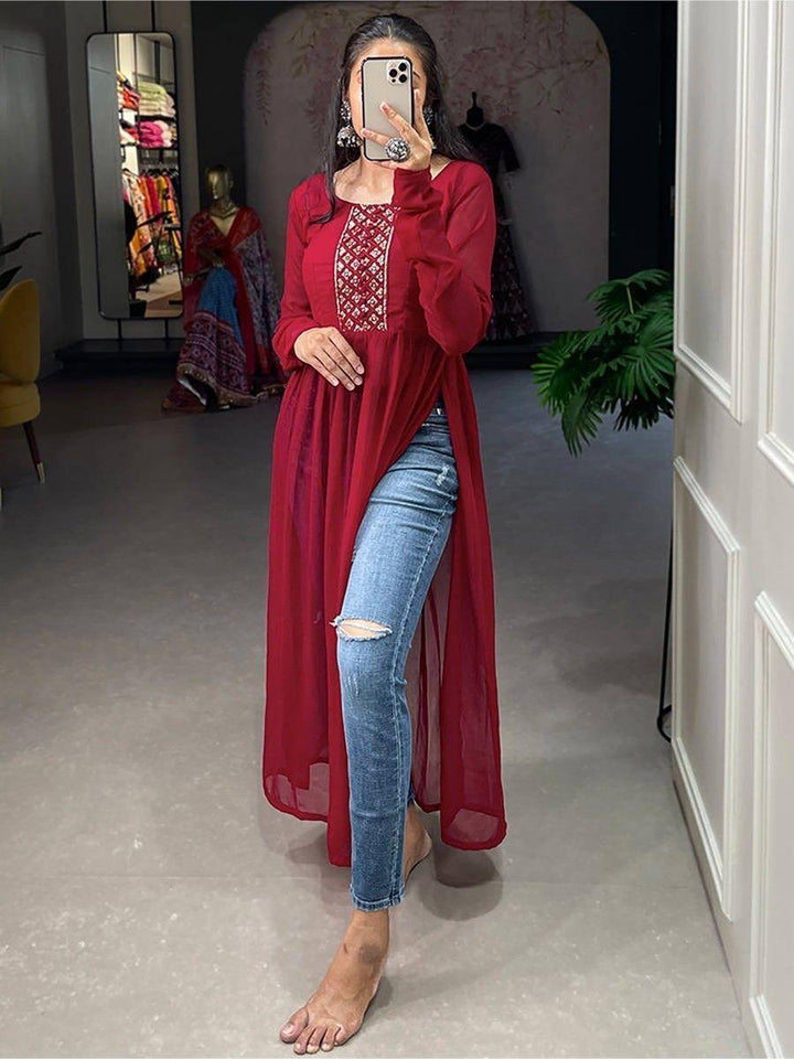Charming Red Embroidered Work Georgette | Event Wear Nayra Cut Kurti Collection