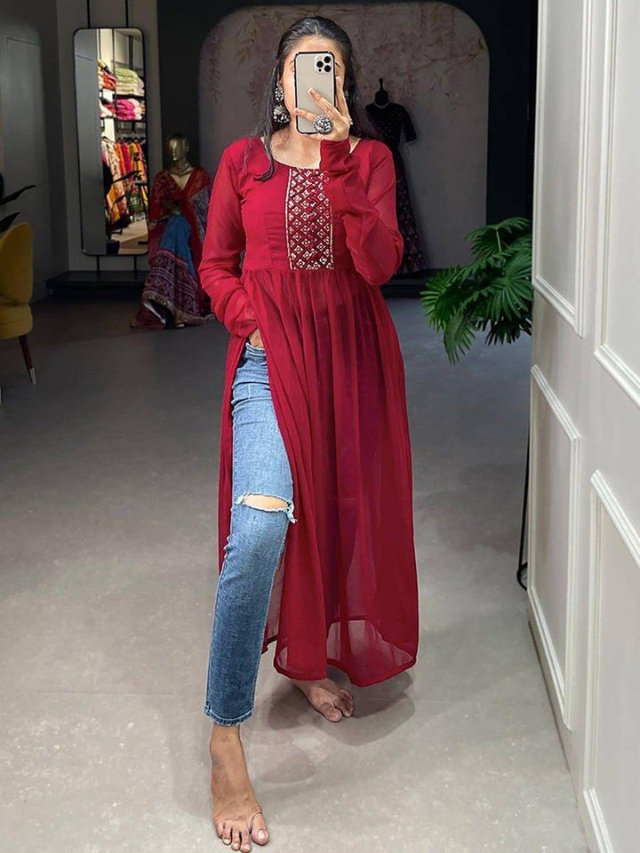 Charming Red Embroidered Work Georgette | Event Wear Nayra Cut Kurti Collection