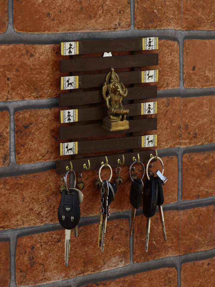 Handmade Sheesham Wood Key Holder | Unique Wall Decor with Warli Art