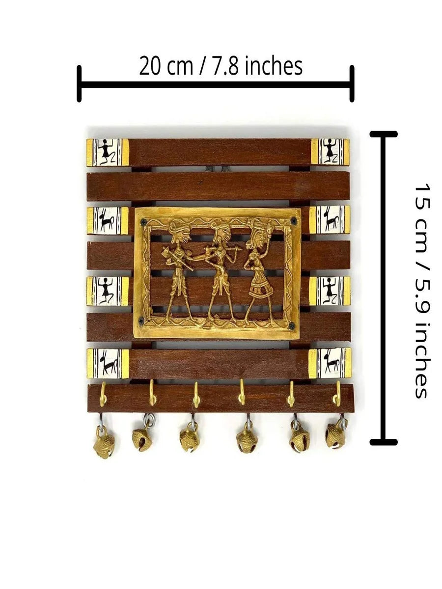 Handmade Sheesham Wood Key Holder | Warli Art 6-Hook Wall Decor