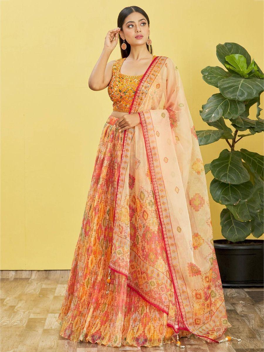 An Orange Organza Lehenga Choli with Mirror Work | Perfect for Haldi & Engagements