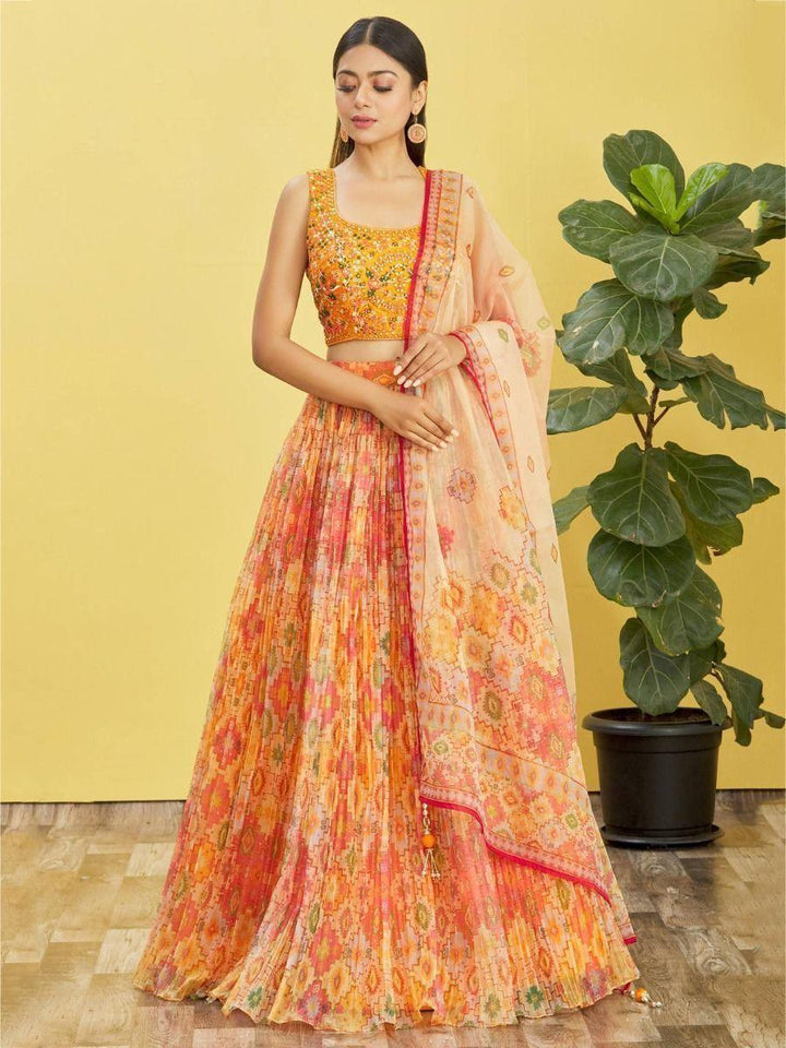 An Orange Organza Lehenga Choli with Mirror Work | Perfect for Haldi & Engagements