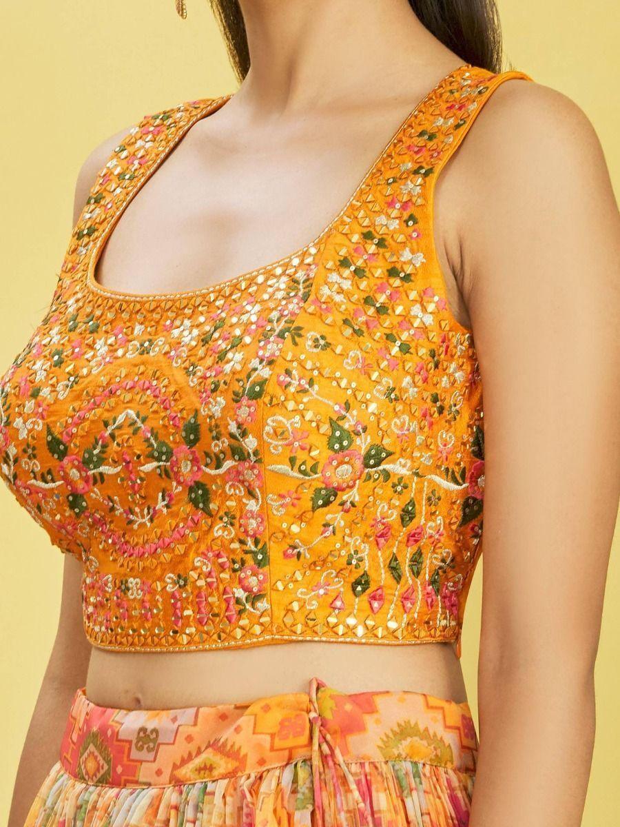 An Orange Organza Lehenga Choli with Mirror Work | Perfect for Haldi & Engagements