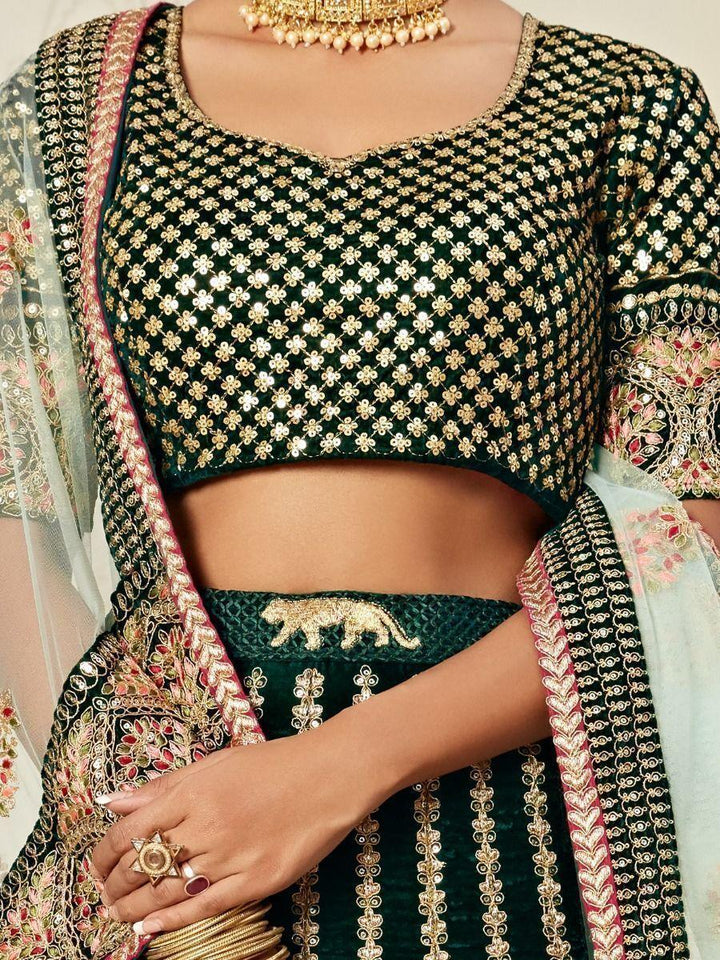 M49 Impressive Green Velvet Bridal Lehenga Choli | Intricate Embroidery & Sequins