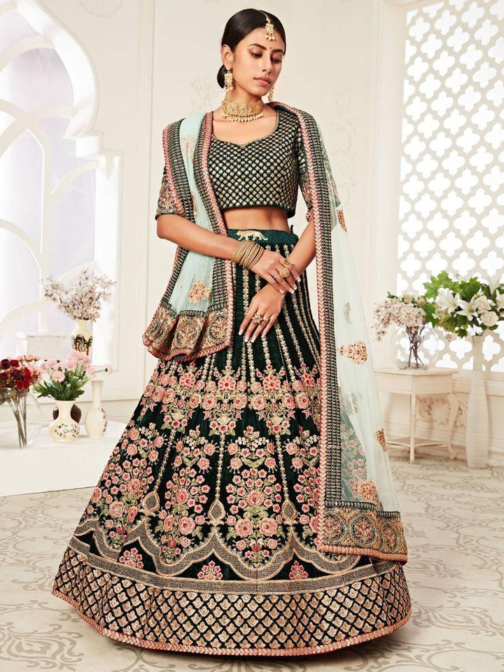 M49 Impressive Green Velvet Bridal Lehenga Choli | Intricate Embroidery & Sequins