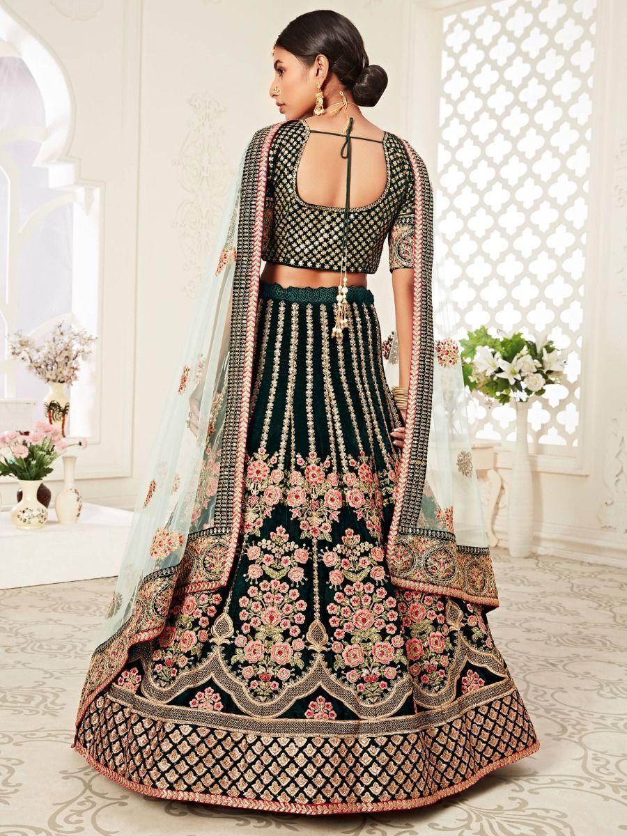 M49 Impressive Green Velvet Bridal Lehenga Choli | Intricate Embroidery & Sequins