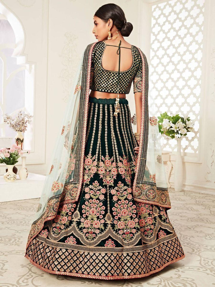 M49 Impressive Green Velvet Bridal Lehenga Choli | Intricate Embroidery & Sequins