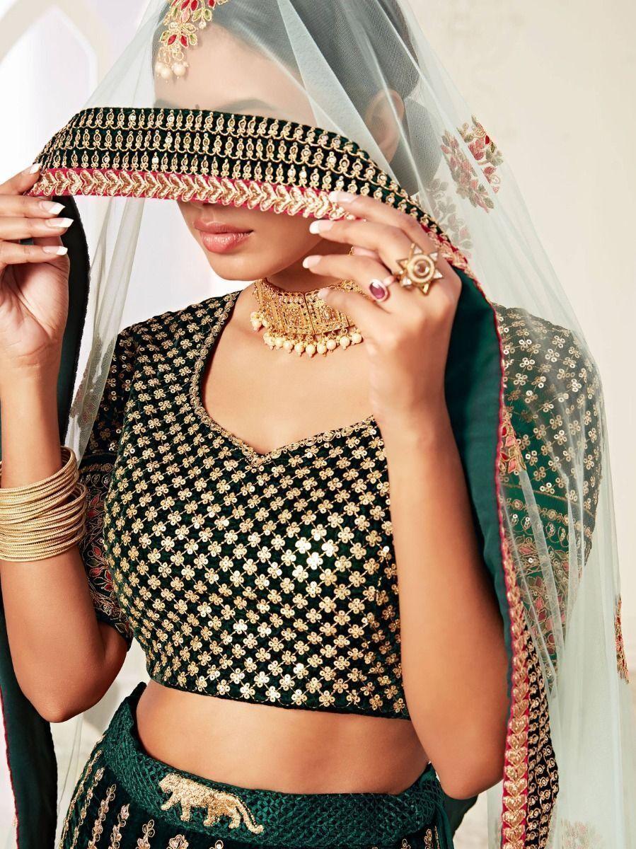 M49 Impressive Green Velvet Bridal Lehenga Choli | Intricate Embroidery & Sequins