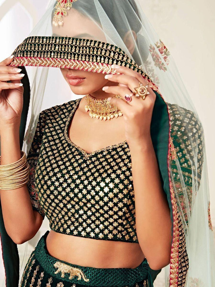 M49 Impressive Green Velvet Bridal Lehenga Choli | Intricate Embroidery & Sequins