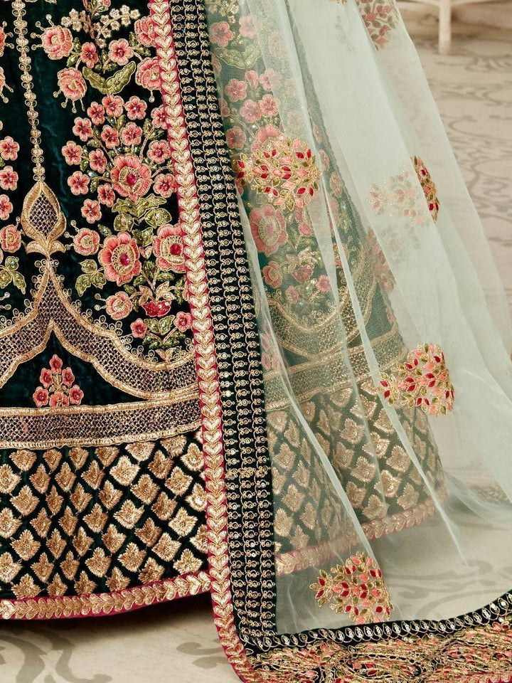 M49 Impressive Green Velvet Bridal Lehenga Choli | Intricate Embroidery & Sequins