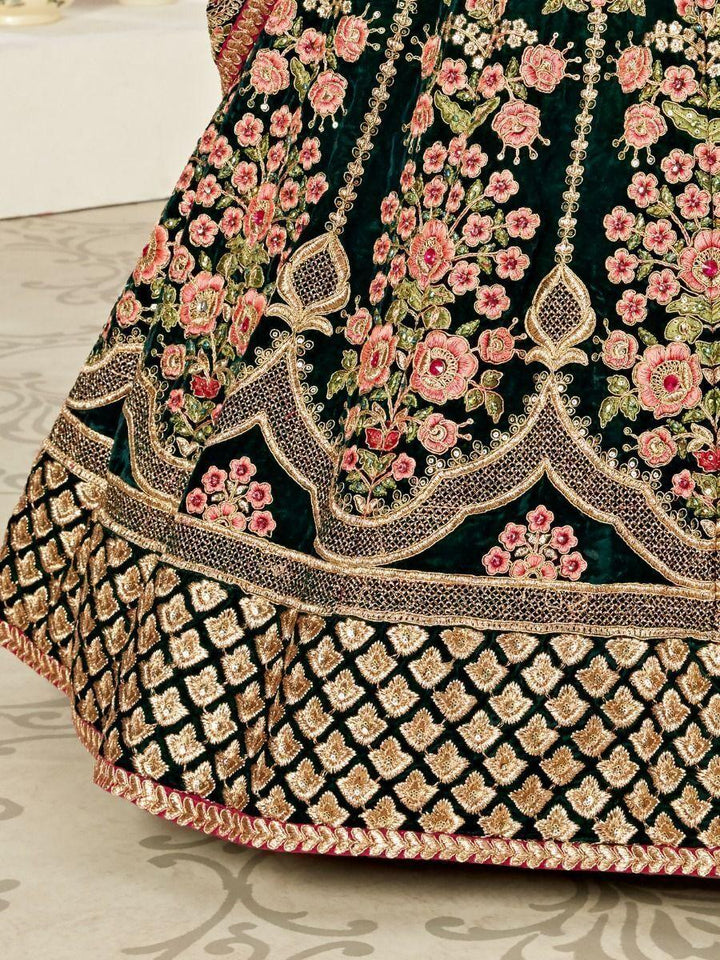 M49 Impressive Green Velvet Bridal Lehenga Choli | Intricate Embroidery & Sequins