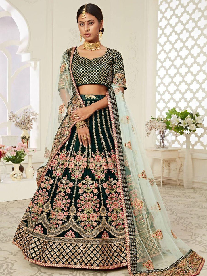 M49 Impressive Green Velvet Bridal Lehenga Choli | Intricate Embroidery & Sequins