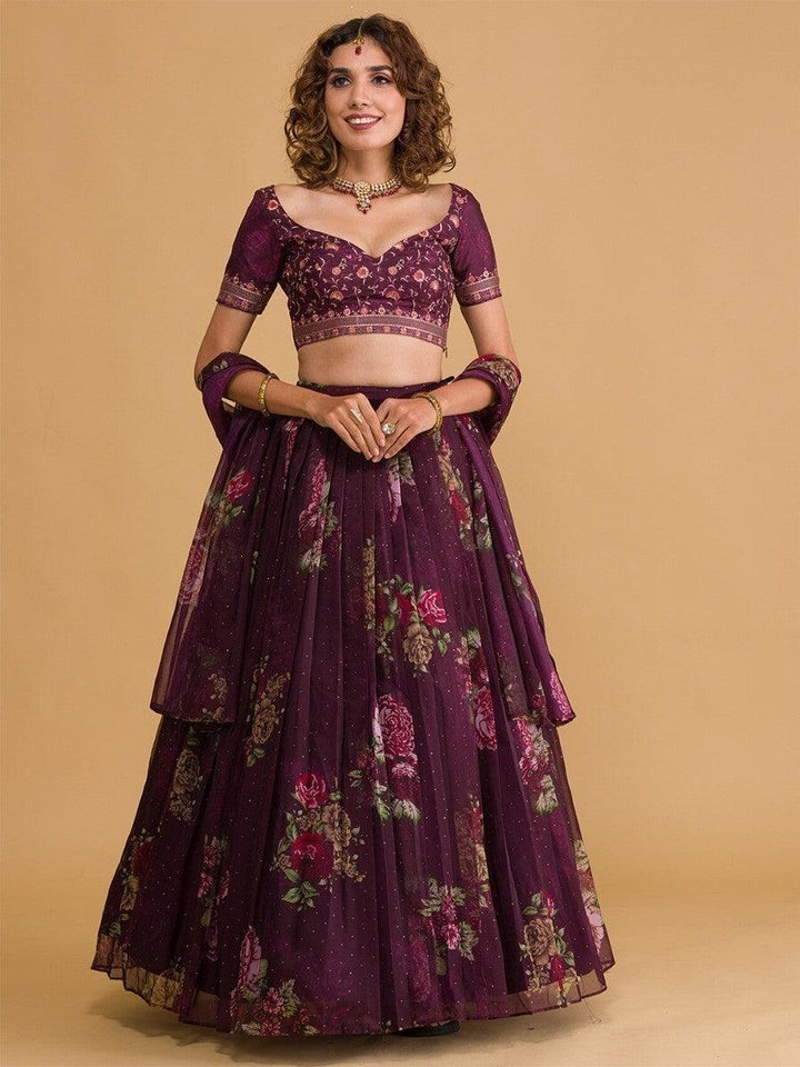 Beautiful Wine Floral Organza Lehenga Choli | Customizable for Special Occasions