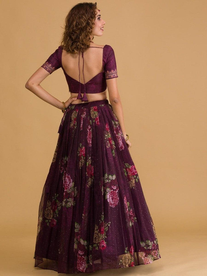 Beautiful Wine Floral Organza Lehenga Choli | Customizable for Special Occasions