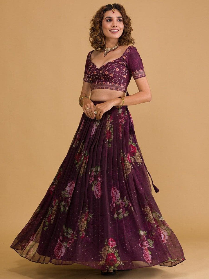 Beautiful Wine Floral Organza Lehenga Choli | Customizable for Special Occasions