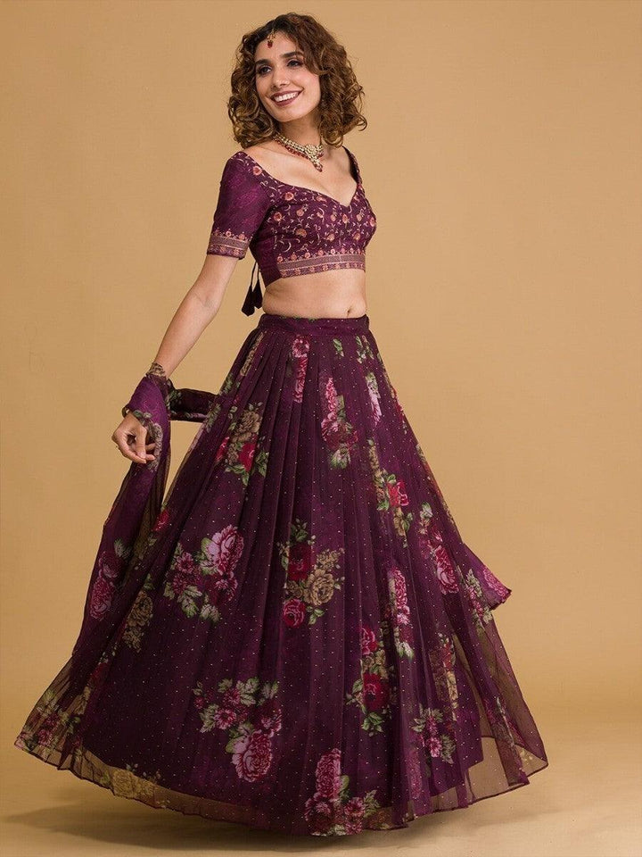 Beautiful Wine Floral Organza Lehenga Choli | Customizable for Special Occasions