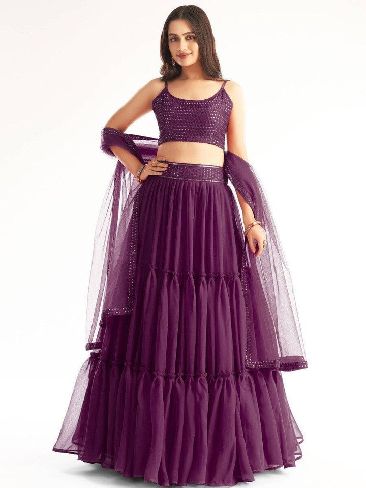 Vibrant Wine Georgette Lehenga | Sequins & Embroidery for Special Events